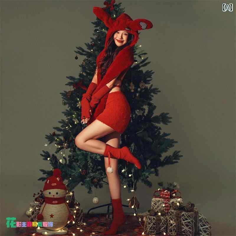 クリスマス 女性用 スタジオ クリスマス コスチューム、お 正月 ガーリーな 雰囲気の 新年の 赤い ニット ドレス アート 写真 コスチューム
