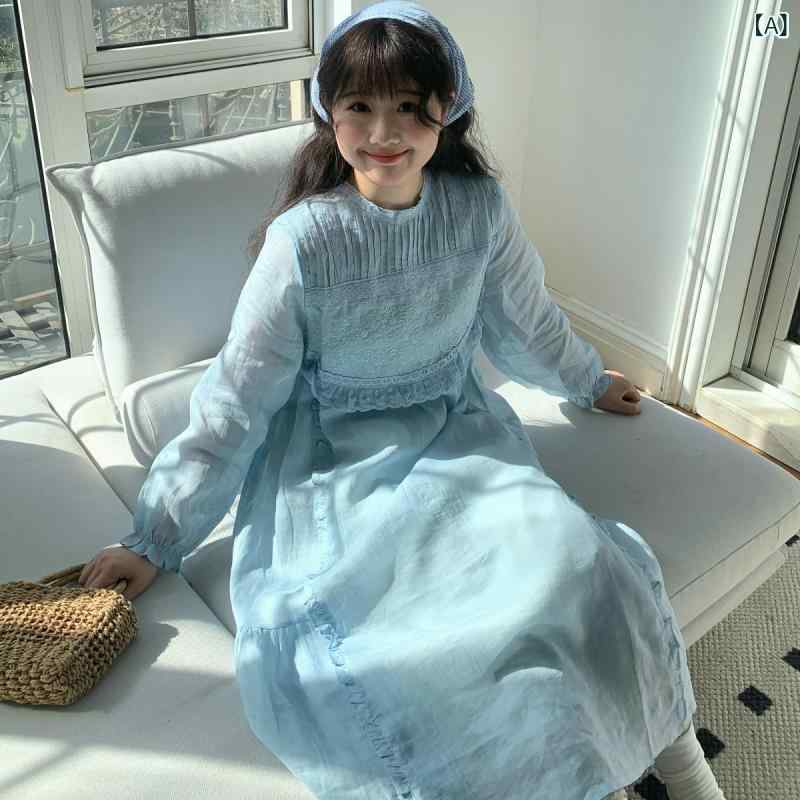 ワンピース レディース 森ガール風 レトロ フレンチスタイル レース ロマンティック ブルー系 ゆったり 麻素材 アコーディオンプリーツ フェミニン 長袖 春 軽やか 日常使い