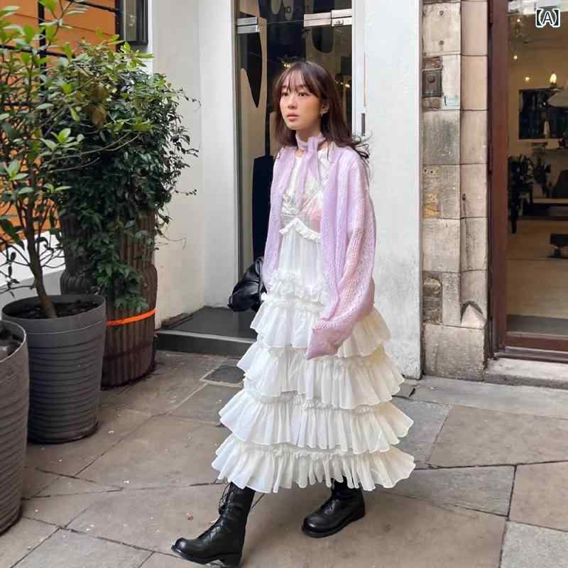 レディース ワンピース 夏 無地 ストラップ レース フリル ふんわり ロング ドレス 軽やか シルエット 膝下丈 カジュアル 普段使い
