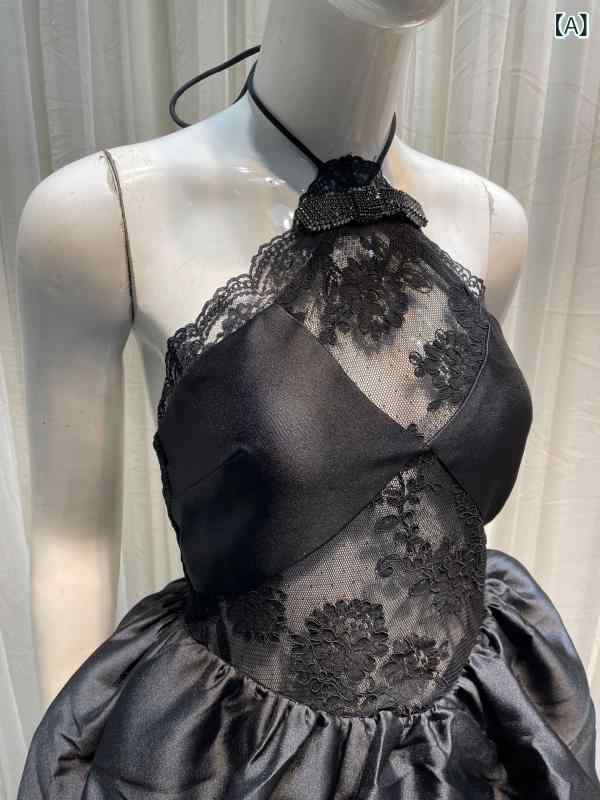 ワンピース レディース ブラック ピュア フェミニン ハルターネック レース 切り替え オフショルダー かわいい セクシー エレガント パーティー スタイル
