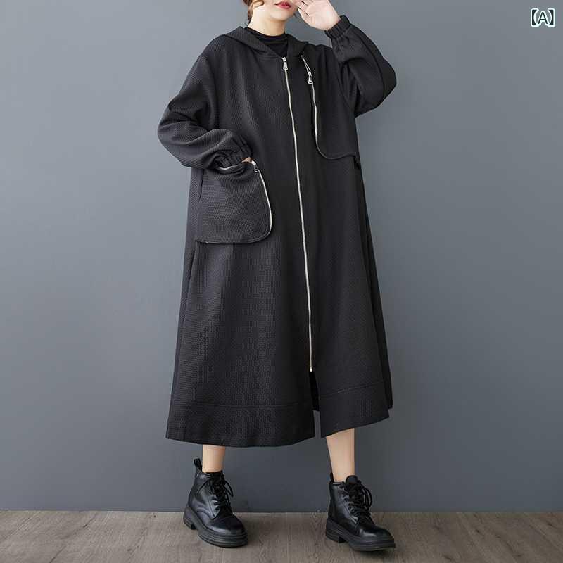 フード付き トレンチコート ゆったり カジュアル ジッパー デザイン アシンメトリー ポケット 秋冬 アウター 普段使い 軽量 風よけ