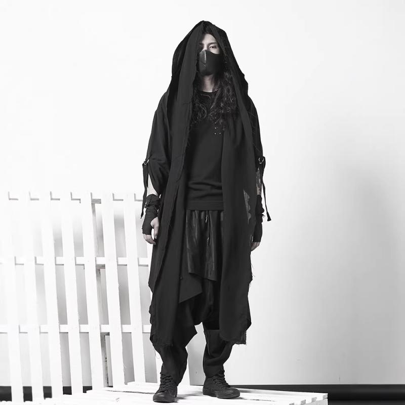 メンズ ゴシック マントコート ダークスタイル 薄手 ロング アウター フェイクツーピース 膝下丈 個性派 カジュアル トレンド ストリートファッション ビッグシルエット