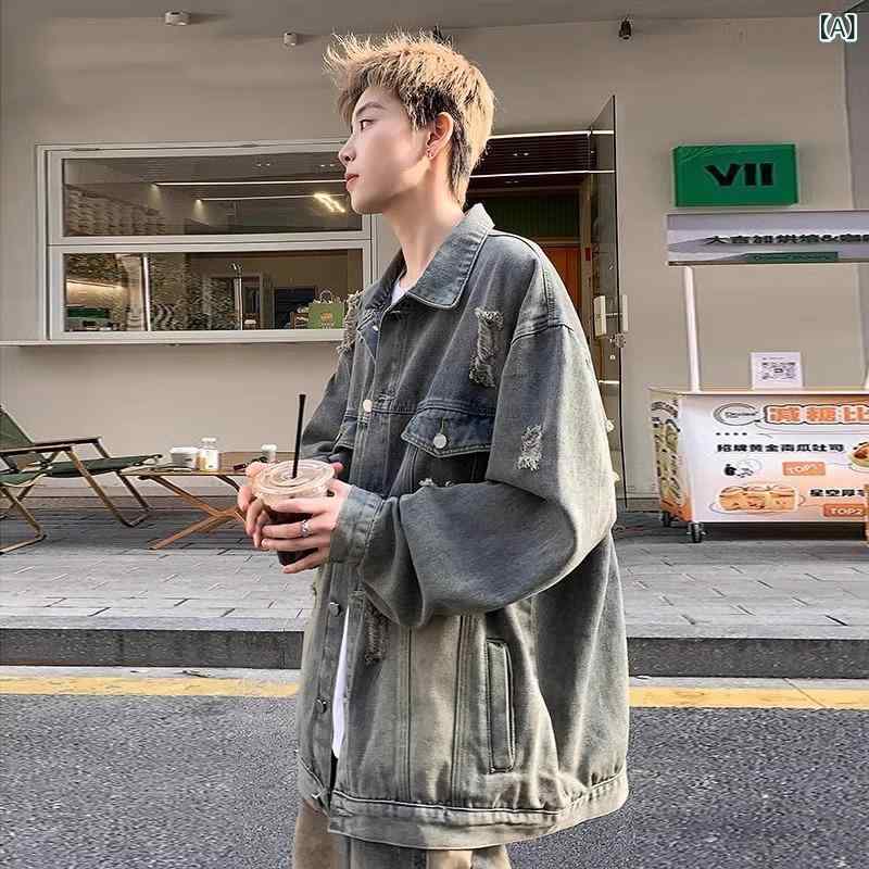 ジャケット メンズ デニム ダメージ 加工 ゆったり ルーズ フィット ワイルド 痞? アメリカン スタイル レトロ ビンテージ 高級感 ストリート ファッション カジュアル 秋 コットン 素材
