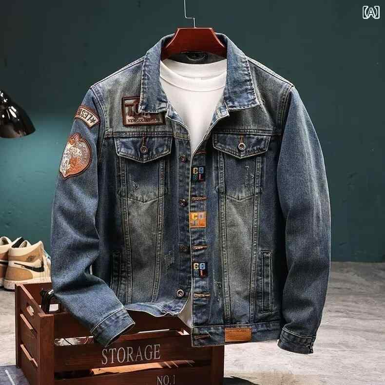 メンズ 秋冬 デニム ジャケット レトロ アメリカン スタイル 厚手 ゆったり 刺繍 ワーク 高級感 ストリート カジュアル アウトドア 普段使い 綿素材 ビッグシルエット