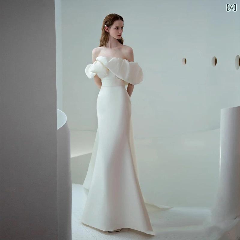 ウェディングドレス オフショルダー 冬 サテン トレーン 結婚式 フレンチスタイル 軽量 レディース パーティー 礼服 女性用 花嫁 ドレス|SEIYUショップ