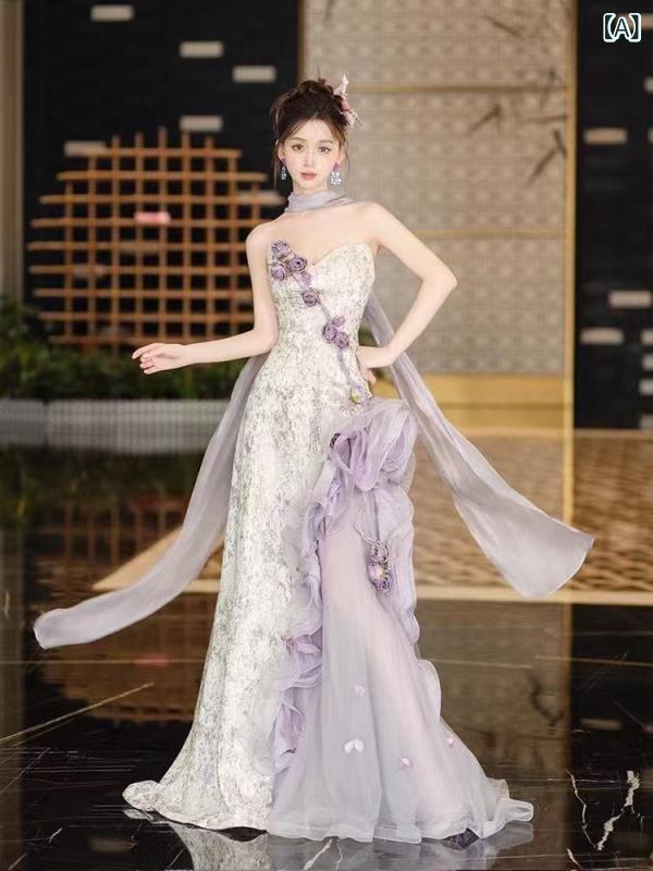 レディース 紫 ストラップレス 花嫁ドレス 高級感 イブニングガウン 宴会パーティー 誕生日 婚約式 敬酒用 エレガント フォーマル ワンピース｜SEIYUショップ