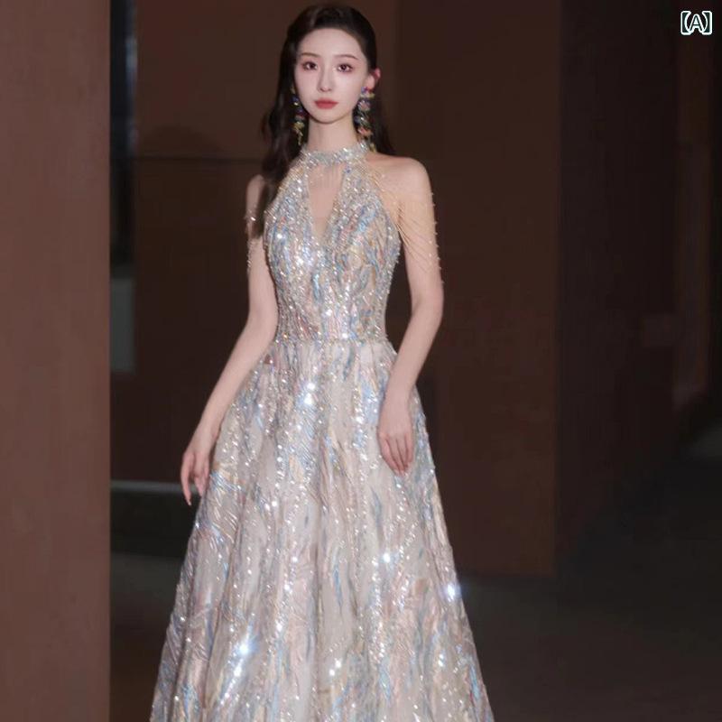 イブニングドレス 女性用 高級感 夏用 ハルターネック ロングスカート 結婚式 敬酒ドレス 花嫁 ステージ 司会者 パーティー フォーマル 軽量 伸縮性 吸湿速乾|SEIYUショップ
