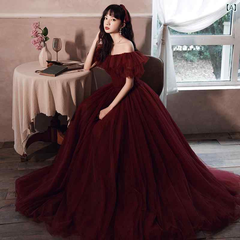 妊婦用 結婚ドレス ワインレッド ロング丈 オフショルダー スリムライン マタニティ 結婚式用 敬酒ドレス ゆったりフィット フォーマル ワンピース ロングスカート 肩出しデザイン 体型カバー