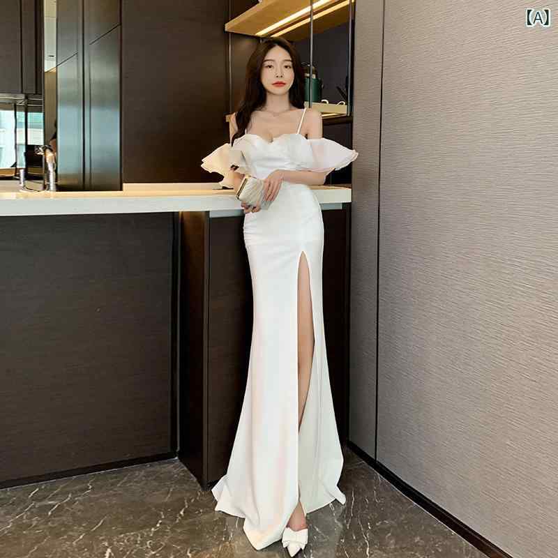 レディース イブニングドレス セクシー ボートネック ローカット キャミソール ロング丈 バックレス ボディコン サイドスリット ヒップハグ フロア丈 パーティー用 フォーマル 伸縮性 女性用 ドレス ワンピース 夜会服 ガラドレス