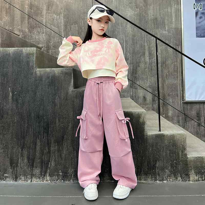 子供服 女の子 秋 3点セット タイダイ柄 長袖 スウェット ベスト ワークパンツ 学生用 スポーツウェア 中学生向け カジュアル 動きやすい コットン混 ストレッチ素材 学校着 通学用 日常使い