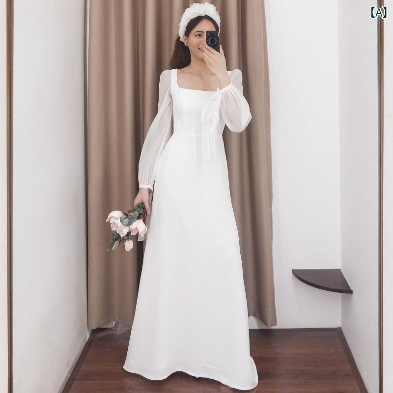 レディース イブニングドレス 白 スクエアネック 長袖 ウェディングドレス 軽量 結婚式 披露宴 成人礼 パーティーウェア フォトウェディング 秋 フォーマルガウン エレガント