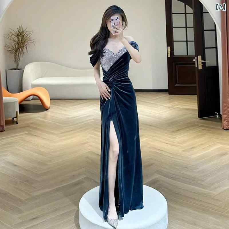 レディース イブニングドレス オフショルダー ビロード マーメイド スリット ロング丈 ブルー 春 パーティー用 結婚式 フォーマル ワンピース 優雅 シルエット|SEIYUショップ