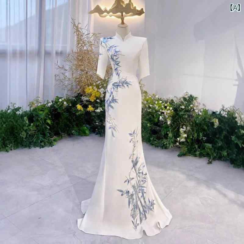 レディース 白 繻子 中国風 酉の方角シェイプ フィッシュテール お召しもの 古筝 掻き鳴らす服 声楽 作物テスト作業用 窈窕たる フォーマル 上演お召しもの ドレス-レディースファッション