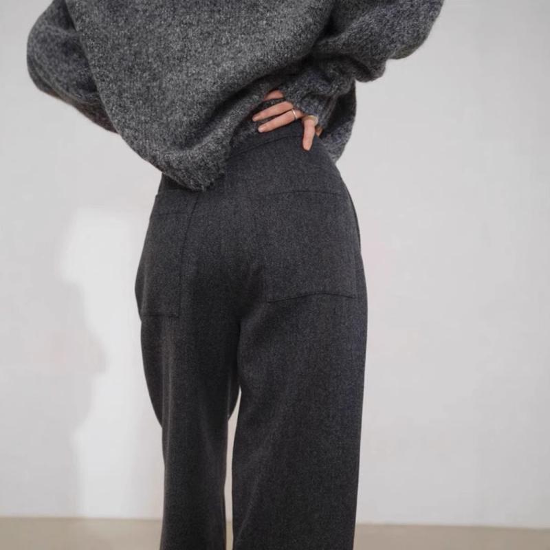 レディース 秋冬 ワイドレッグパンツ ハイウエスト ドレープ感 ゆったり スリム効果 通勤用 ストレート ロングパンツ ダークグレー ウール混 スーツスタイル 軽量 伸縮性