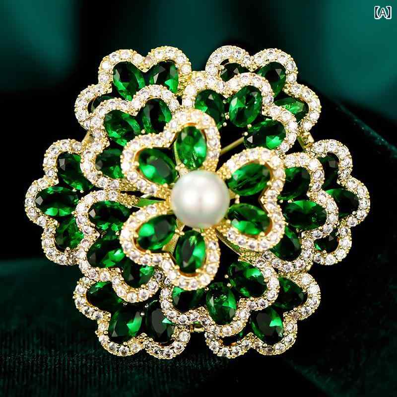 女性用 ブローチ 中国風 真珠 花モチーフ ジルコニア 胸花 チャイナドレス アクセサリー 優雅 高級感 装飾品 衣装 コーディネート