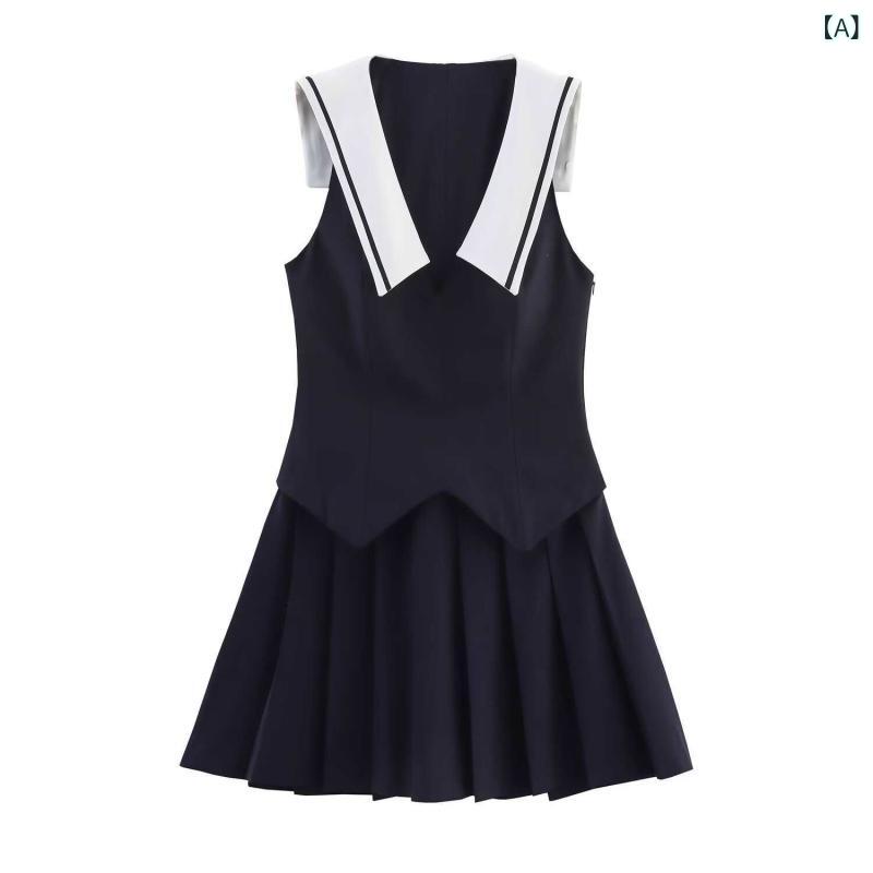 ワンピース レディース ノースリーブ セーラーカラー プリーツ スリムフィット 学院風 欧米スタイル 女性服 修身 気質 ?・覧 短め ワイド クロスボーダー