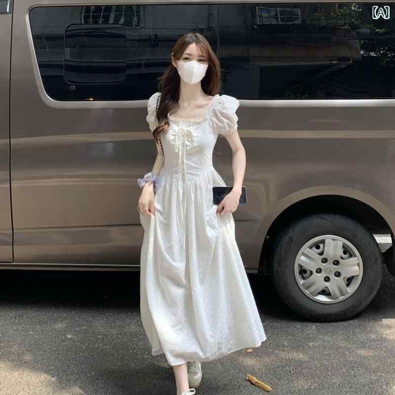 衣裳 レディース 白 真四角のど首 パフ衣袂 スピード競技 夏 フレンチ お姫様 愛くるしげ 女子らしい 口さかしい
