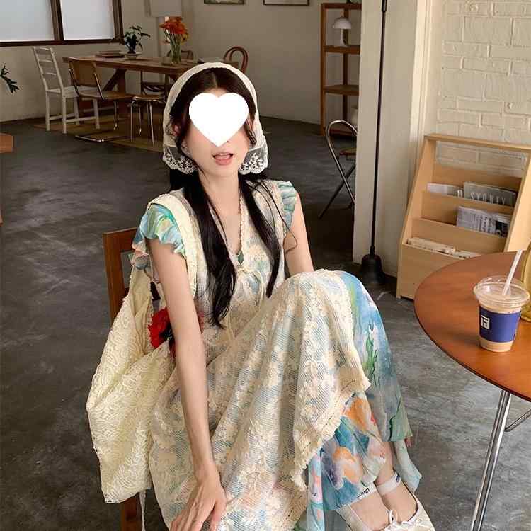 レディース 夏用 レトロ ワンピース セット レース ブラウス 油絵 プリント ゆったり ルーズ フィット カラフル デザイン 軽量 素材 通勤 普段使い トップス ドレス 組み合わせ