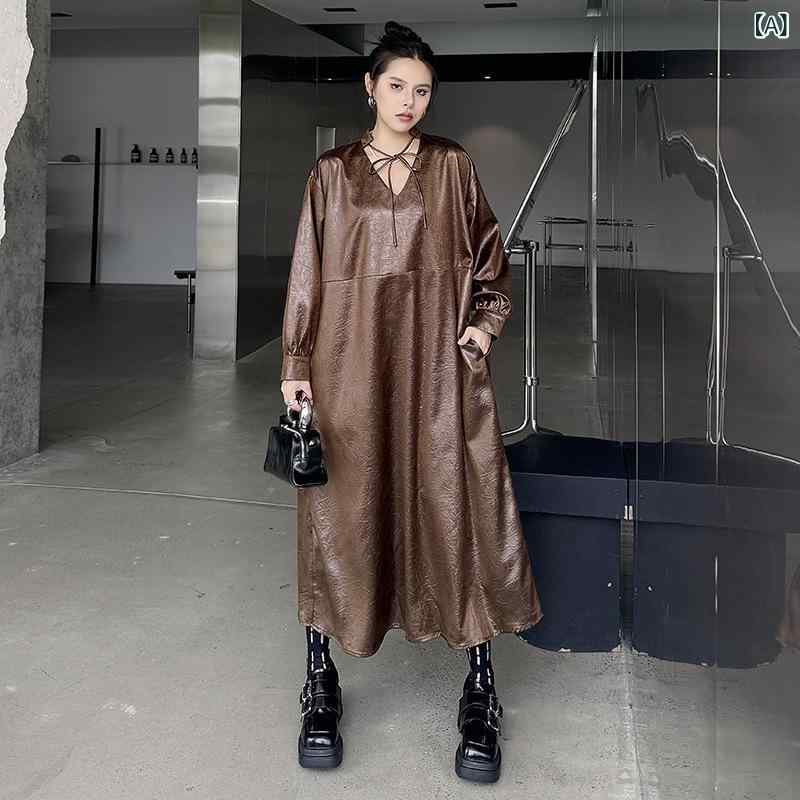 ワンピース 女性用 Vネック 長袖 合成皮革 レトロ フレンチスタイル ゆったり ロング 秋 スタイリッシュ 気品 ファッション