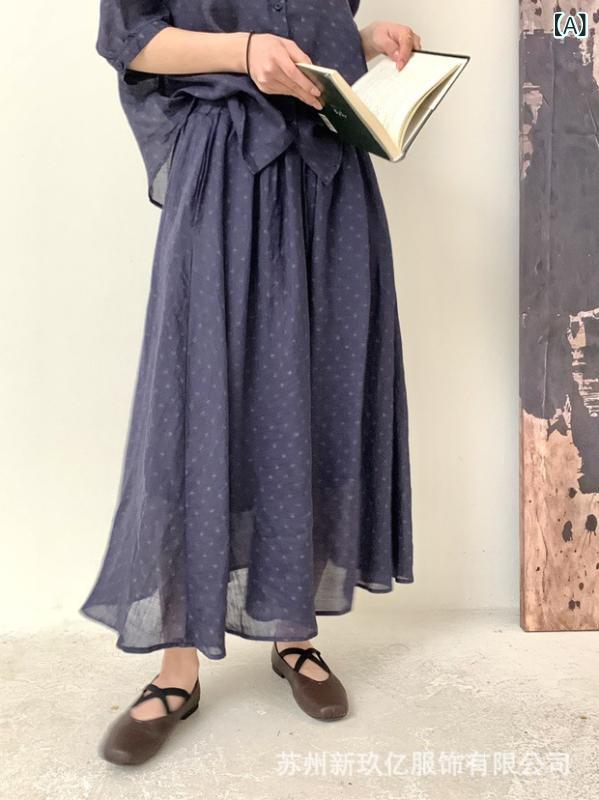 スカート 女性用 夏 ラミー麻 二重 ミディ丈 花柄 プリント ゆったり フレア 伸縮ウエスト 通気性 吸湿性 コーディネートしやすい 軽量 アウトドア 普段使い