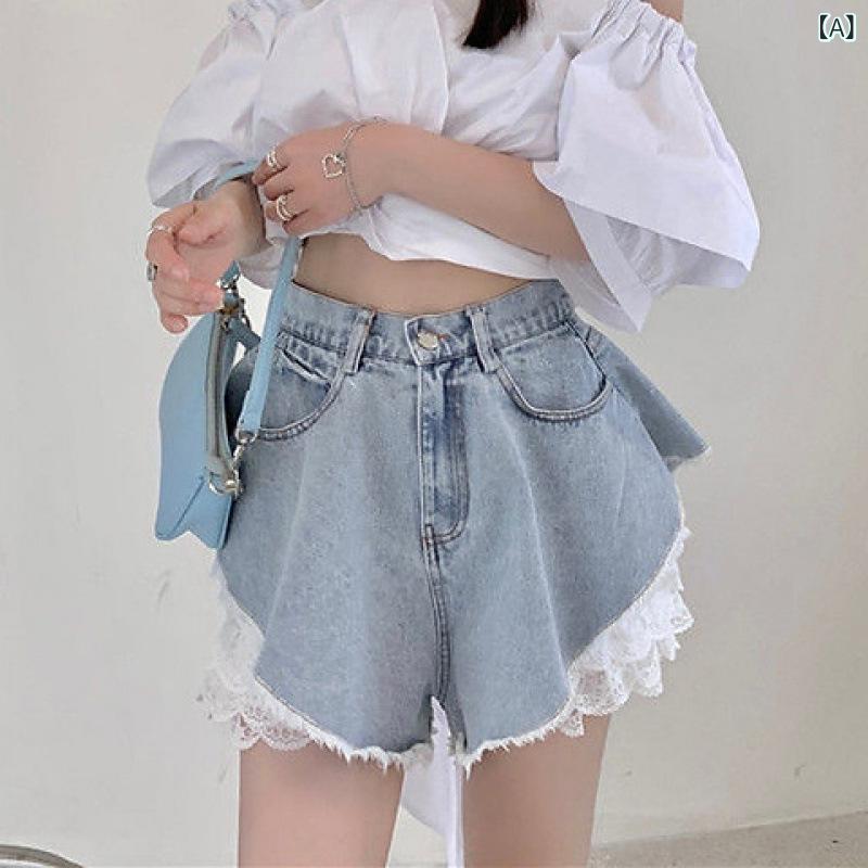 ショートパンツ レディース 夏用 ハイウエスト ルーズフィット Aライン ワイドレッグ デニム レース花柄 大きめサイズ カジュアル デイリー 軽量 伸縮性