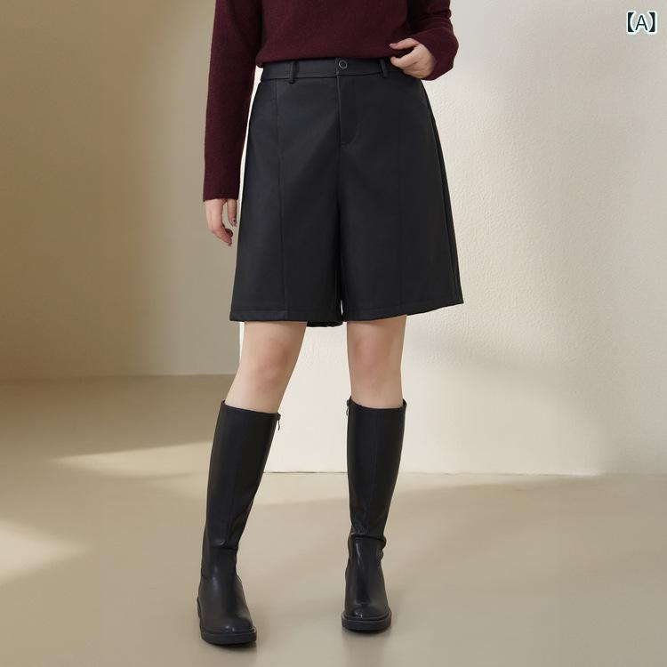 ショートパンツ レディース プラスサイズ レザー調 伸縮ウエスト スリム効果 体型カバー 秋 カジュアル ボトムス 女性用 ファッション 気品 スタイリッシュ