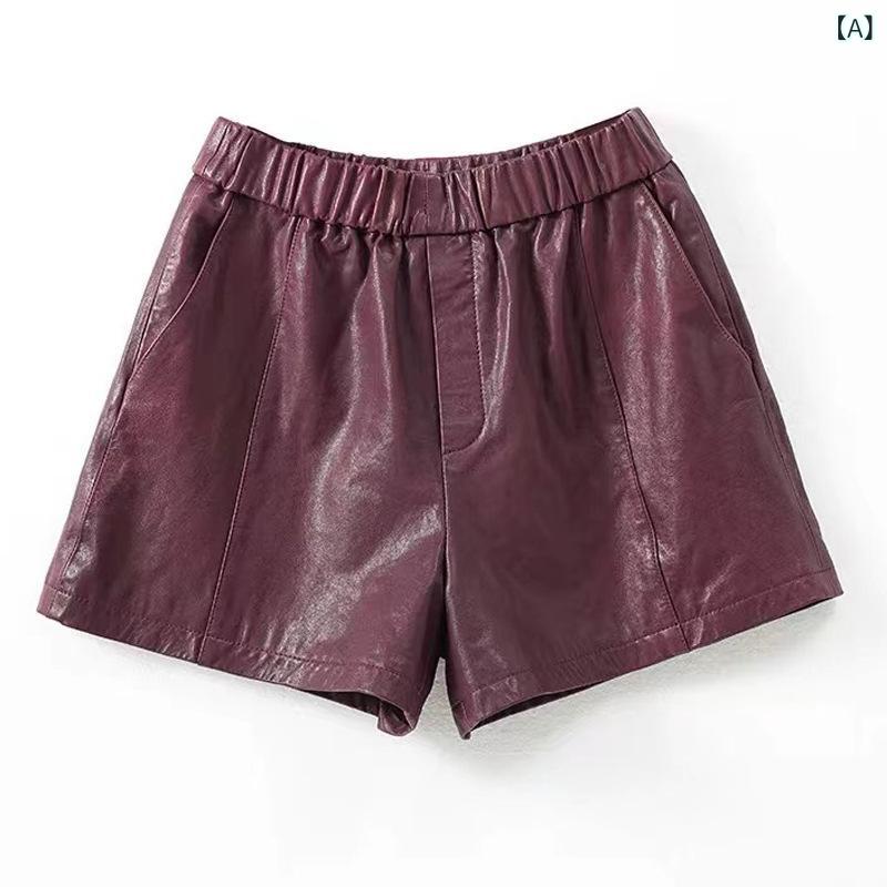 ショートパンツ 本革 羊革 ワイドレッグ ハイウエスト 伸縮性 バルーンシルエット 秋 カジュアル 普段使い 柔らかい素材 ベーシック