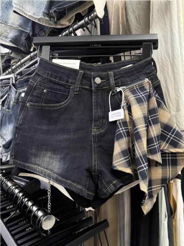 レディース 夏用 ハイウエスト ワイドレッグ デニムパンツ チェック柄 切り替え ウォッシュ加工 レトロ ストレート ストリート 普段使い コットン混 ビッグシルエット