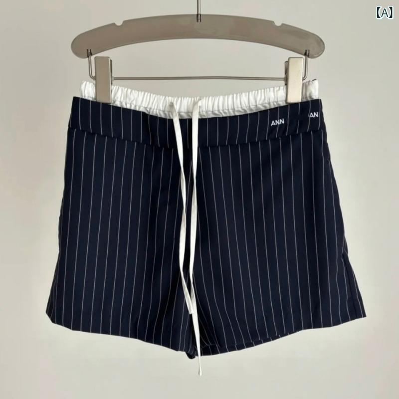 レディース 夏用 ストライプ ショートパンツ 紐付き スリム デザイン カジュアルパンツ 普段使い 軽量 伸縮性 綿混 素材