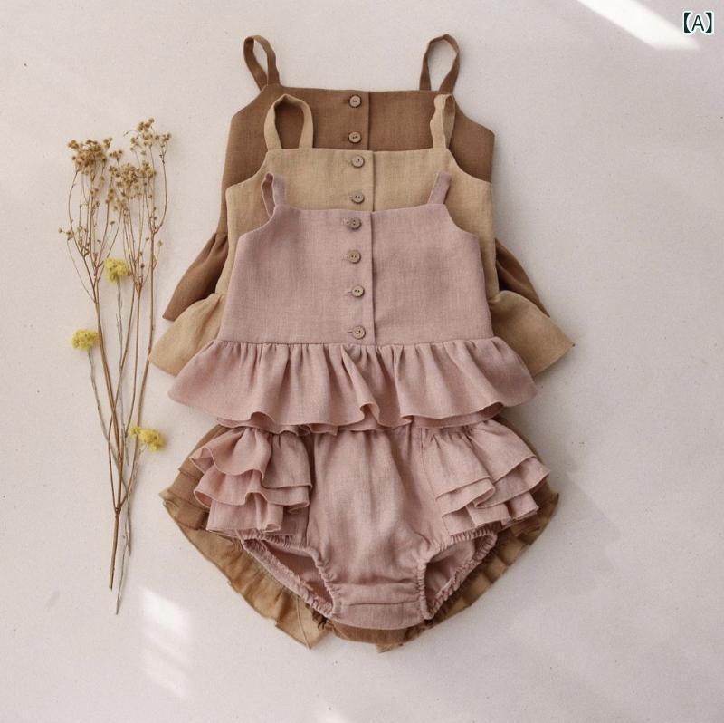女児 夏用 無袖 キャミソール トップス フリル ショートパンツ セット かわいい 女の子 ベビー服 軽量 通気性 良い コットン 混 ピンク 系 デザイン 普段使い
