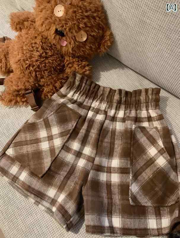 レディース ショートパンツ 秋冬 チェック柄 ウール混 ハイウエスト ゆったり ルーズフィット 伸縮ウエスト スリム効果 インナー用 ベースレイヤー 暖か素材 カジュアル 普段使い スタイルアップ