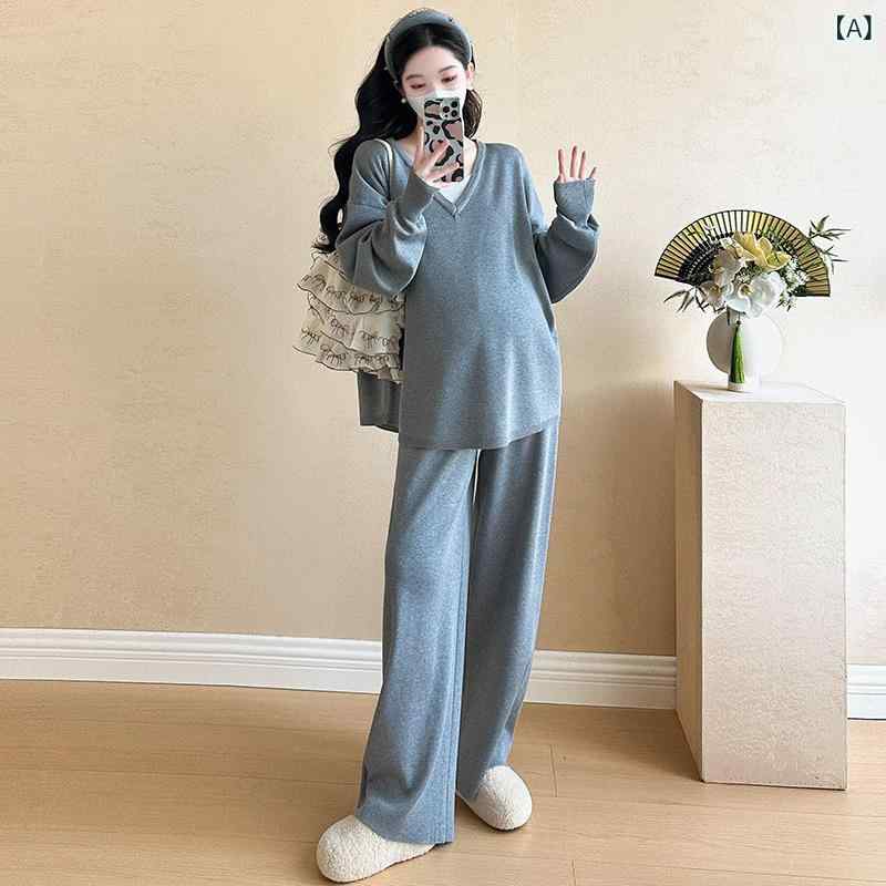 妊婦服 秋冬 ゆったり フェイクツーピース ニットセーター ワイドレッグパンツ セット マタニティ 韓国 リラックスフィット 快適 暖かみ 柔軟素材