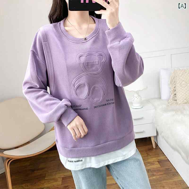 レディース 授乳服 産後妊婦用 長袖 スウェット トップス コットン素材 外出着 春秋 伸縮性 快適 日常使い 軽量
