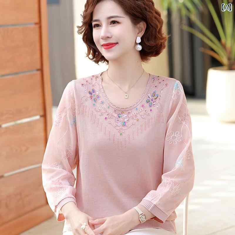 お母さんの 春の 服の 7 分の 袖の ニットは 底の 小さい シャツ 薄手 タイプの 上着のの レディース 夏の ファッションの 氷の 糸の t シャツを 打ちます