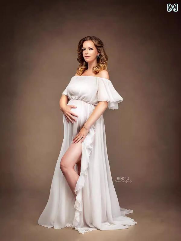 妊婦用 シフォンワンピース ロングドレス マタニティフォト用 フレアシルエット パール装飾 軽量素材 ゆったりフィット 日常使い 通勤対応 シンプル