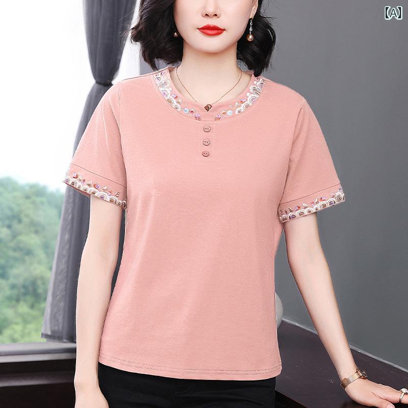 マタニティ Tシャツ レディース 夏用 刺繍 短袖 丸首 ゆったり お腹隠し 高級感 ユニーク フィット トップス 妊婦服 普段使い 軽量 綿素材 ビッグシルエット