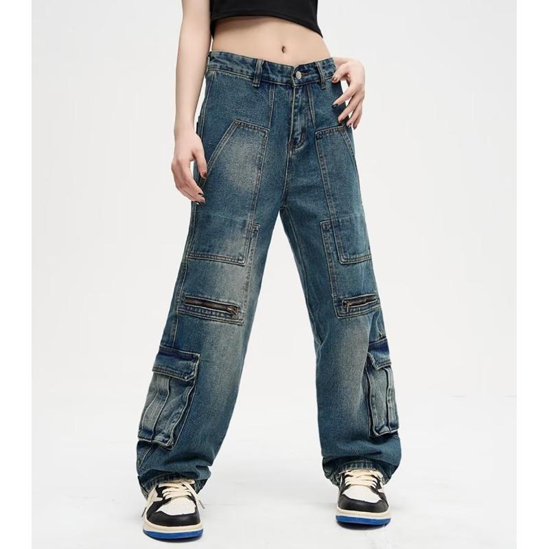 カーゴパンツ レディース デニム ワイドパンツ ストレート ワークパンツ ブルーボトムスジーンズカジュアルシンプル定番ベーシックスタンダードナチュラルストリート