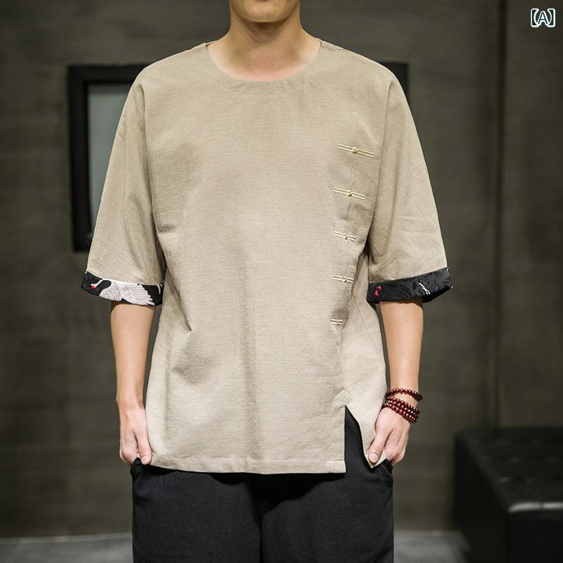 メンズ Tシャツ 春夏 綿麻 七分袖 ゆったり ビッグサイズ カジュアル トップス コットン リネン ルーズフィット 日常使い 通気性 軽量 トレンド デザイン