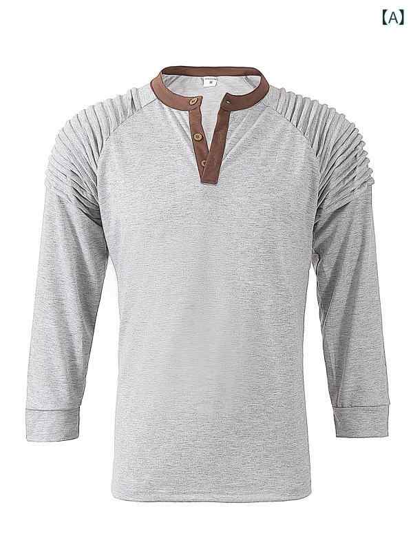 メンズ 長袖Tシャツ Vネック ボタン 配色 カジュアル プリーツ加工 ヘンリーネック タクティカル トップス アウトドア 普段使い 伸縮性 軽量 綿素材 ブラック グレー