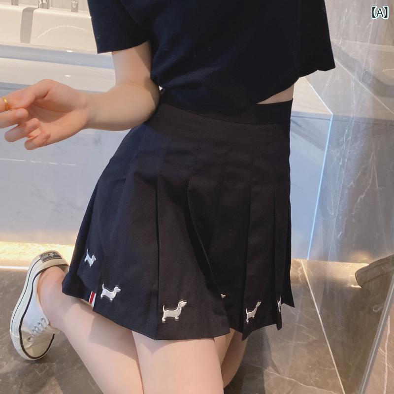 プリーツスカート レディース 夏用 ハイウエスト Aライン 短め 子犬刺繍 裾デザイン 細見え 学生風 軽量 通学 普段使い かわいい コットン混 吸湿速乾