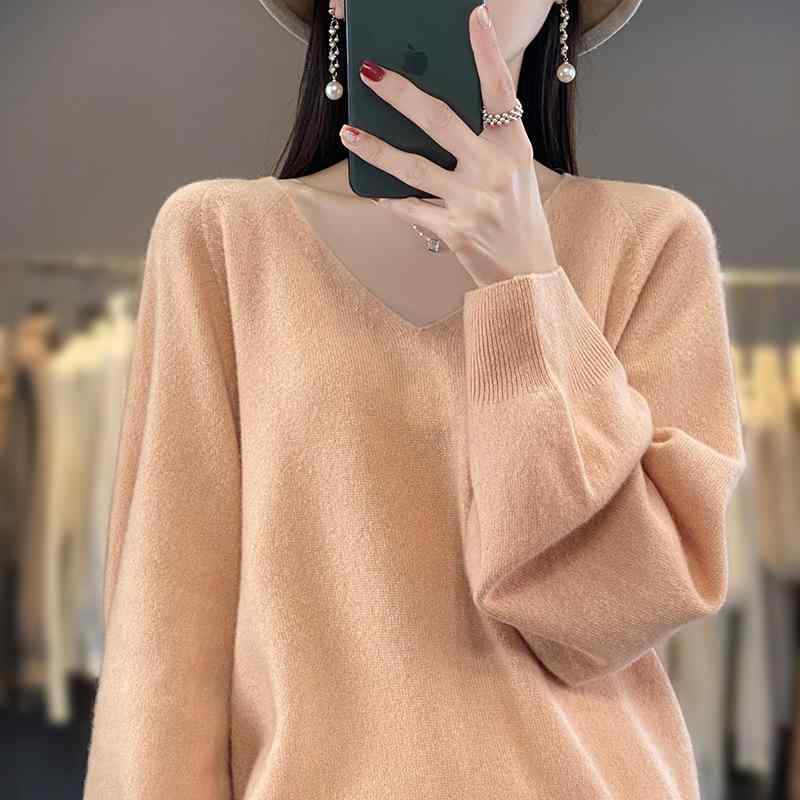 レディース Vのど首 編み物ティーシャツ 秋冬 羊毛 ゆったり 影ぼうし 心地好い 薄っぺら はだ着 トップス ベースレイヤー 普段使い走り 多色 大きめ 大いさ