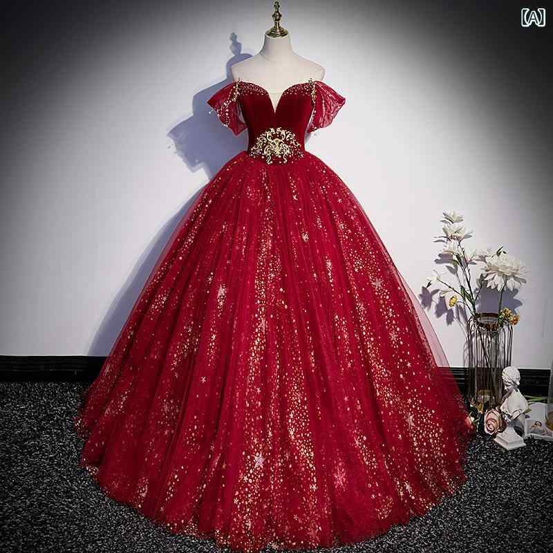 ウェディングドレス レディース 春 ワインレッド オフショルダー ふんわりスカート 高級感 エレガント 結婚式用 パーティー チュール素材 軽量 伸縮性