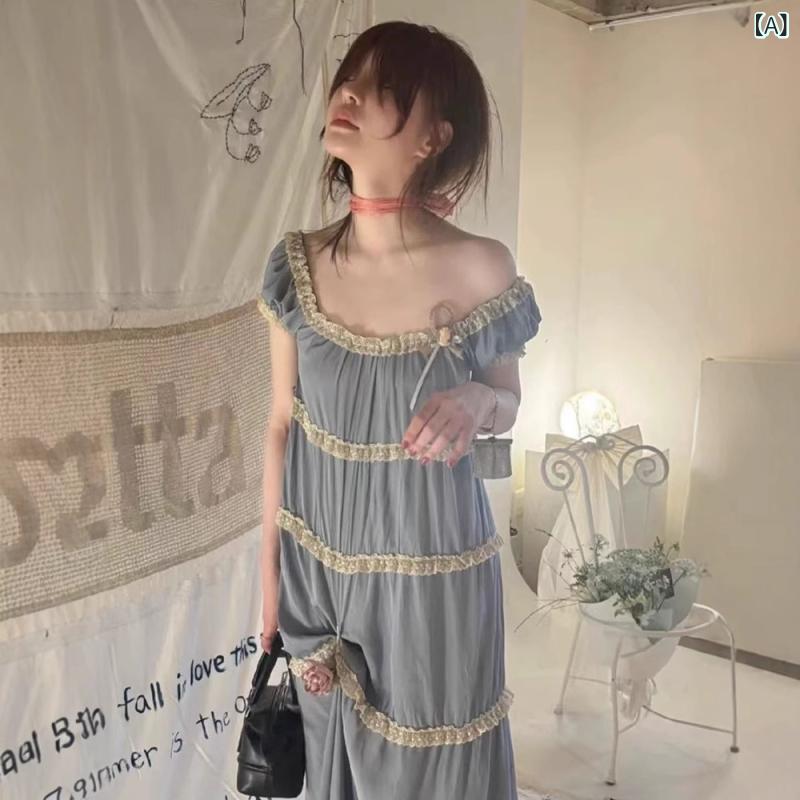 レディース 夏 ワンピース レース フリル フレア スカート フランス風 ゆったり シルエット ブルー カジュアル ロング丈 ドレス 普段使い 軽やか デザイン