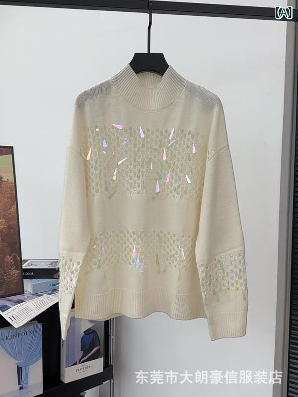 編み物プルオーバー レディース ハイネック 長袖 相応う ゆったり 絨毛 カシミール 混紡 スピード競技 カットアウト スパンコール 軽さ 夏 トップス