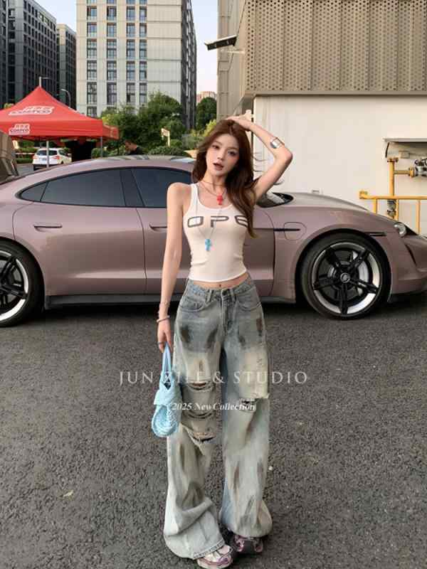 レディース デニムパンツ ハイウエスト ストレートレッグ 穴あき ダーティー加工 ゆったり 床引き丈 夏用 アメリカンスタイル スリム見せ コーディネートしやすい カジュアル デニム素材
