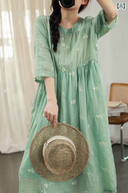 ワンピース レディース 夏 ゆったり ビッグサイズ フレア ロングドレス 刺繍 アート風 ラウンドネック 七分袖 綿麻 コットンリネン 通気性 涼しい カジュアル 普段使い