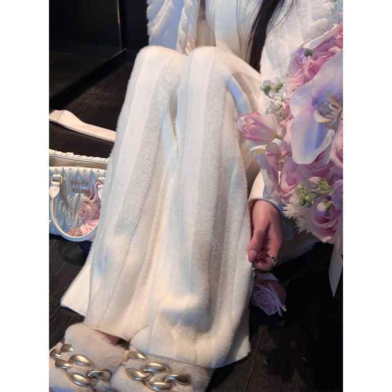 レディース ワイドパンツ 厚手 ニット フェイクファー 切り替え ソフト ハイウエスト ストレート カジュアル 冬 ゆったり 暖か ボトムス