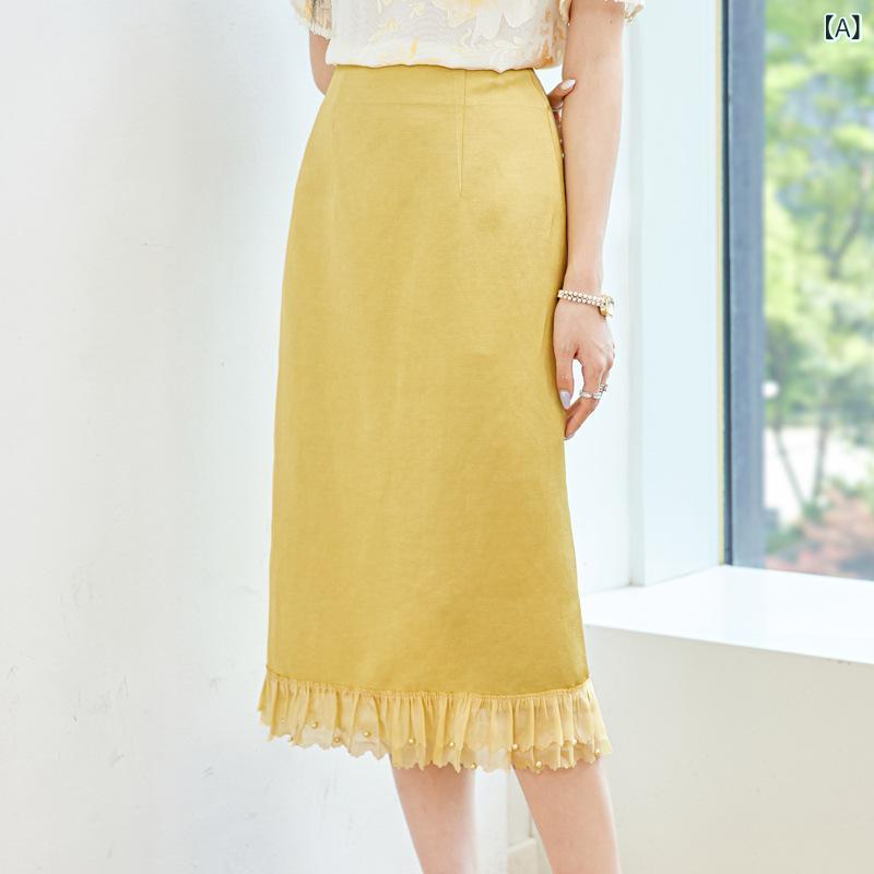 レディース スカート ハイウエスト スリット シフォン 切り替え 中長丈 ペンシル 夏 軽量 涼しい 普段使い オフィス カジュアル ブラック ピンク系 アイボリー