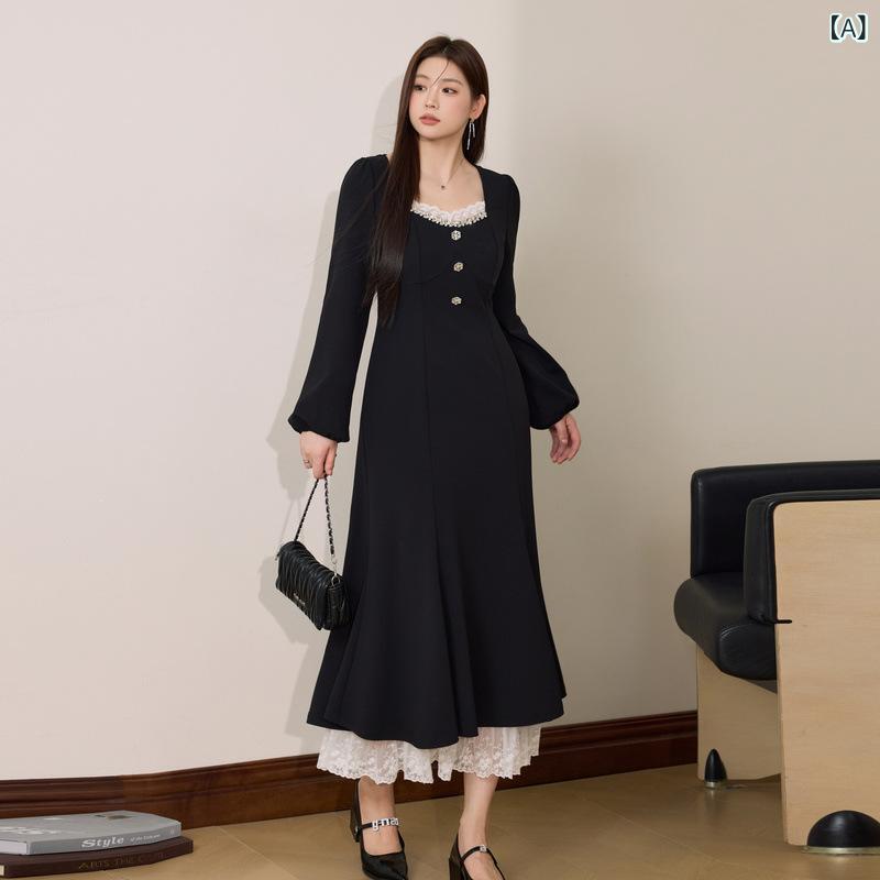 レディース ワンピース ゆったり Aライン レース 切り替え ロング 秋冬 高級感 上品 お腹カバー ウエストシェイプ 気品 日常使い 軽量 ストレッチ|SEIYUショップ