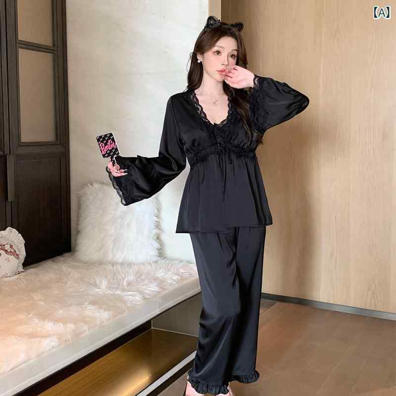 パジャマ 女性用 春秋 長袖 フランス風 サテンシルク 3点セット 胸パッド付き かわいい 部屋着 快適 ホームウェア セット